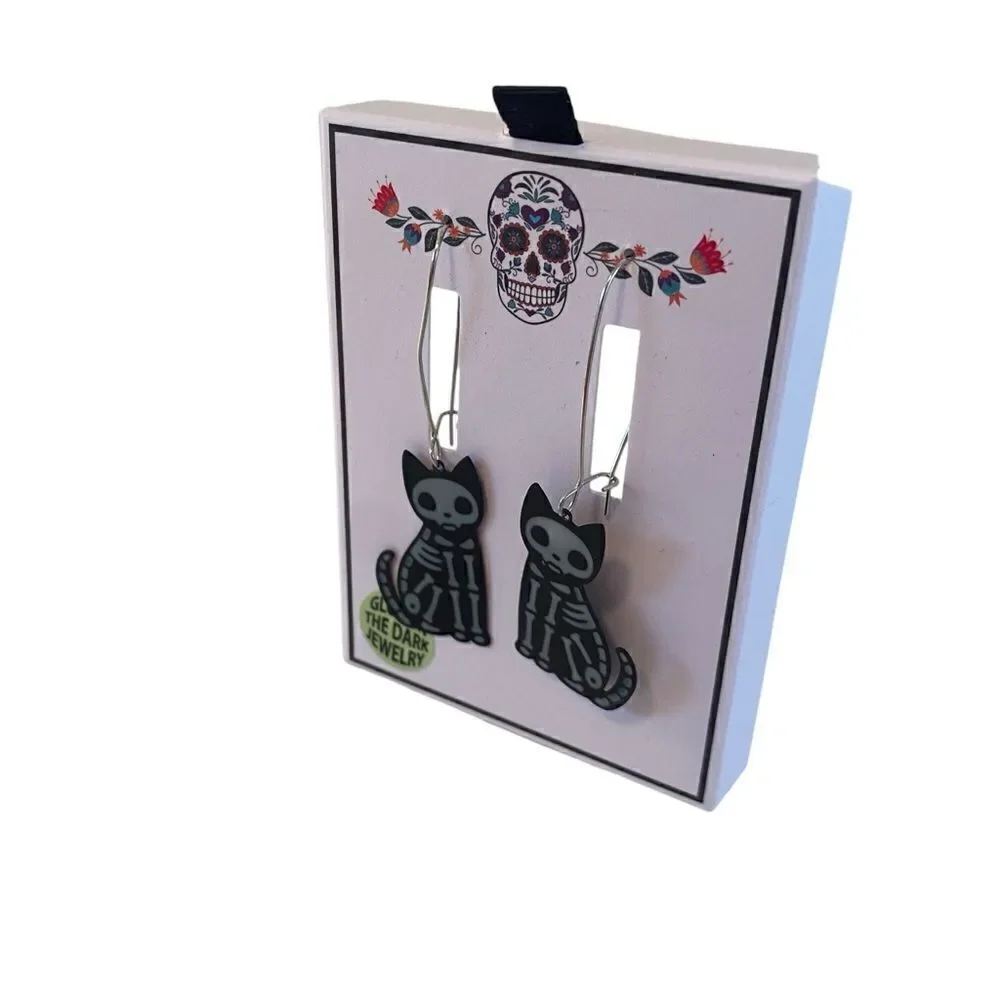 Bella•Jack Glow In The Dark Cat Skeleton Earrings.